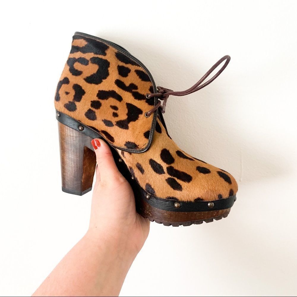 Madewell 1937 footwear leopard print calf hair wood platform lace up bootie